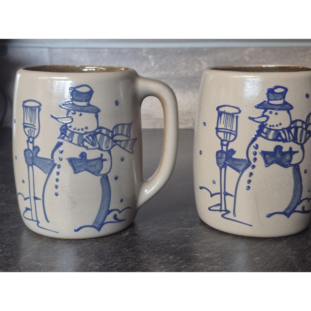 Vintage 1995 BBP Salt Glazed Stoneware Snowman Mugs Set of 2 Blue Cobalt Pottery